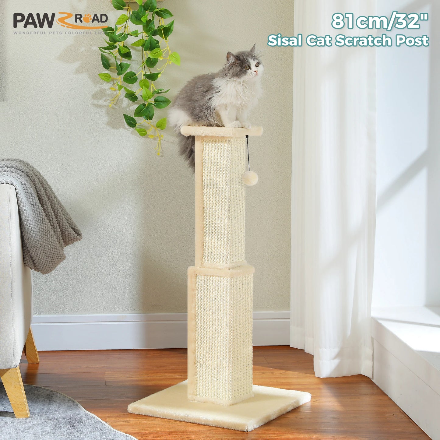 Large Cat Scratching Post with Woven Sisal and Dangling Ball Toy