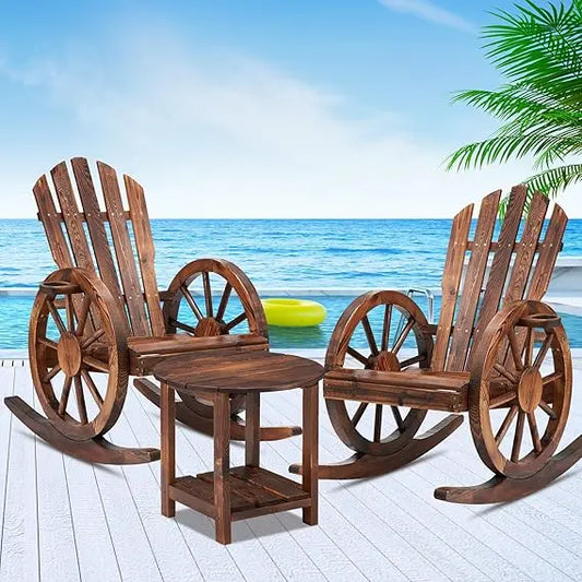 Set of 2, Wooden Rocking Chairs with Wagon Wheel Armrest and Small Table