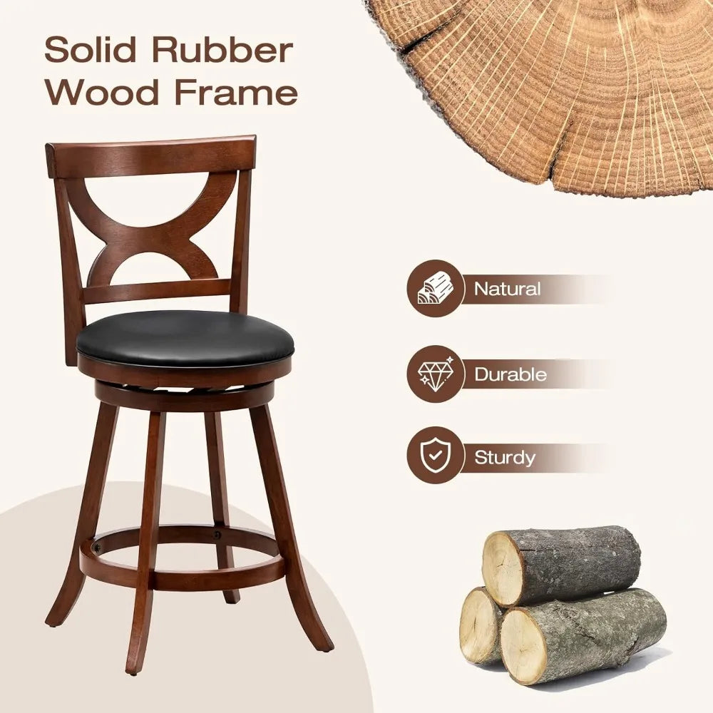 Wood Frame Swivel Upholstered Stools, Set of 4, Counter Height with Back & Footrest,