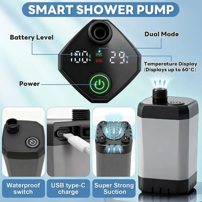 Portable Shower with Heater 1500W with Shower Head, 3 Spray Modes, Rechargeable Pump
