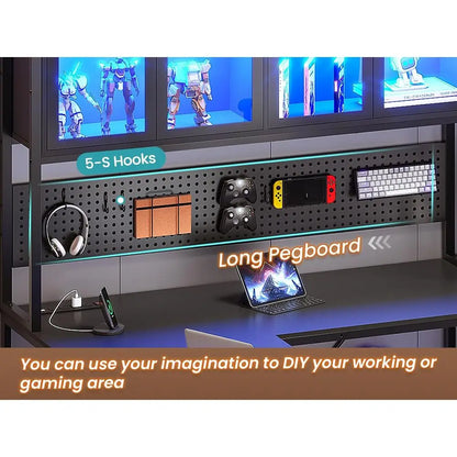 L-Shaped Gaming/Computer Desk with Storage, Hutch, Pegboard, LED Lighting, and Power Outlets