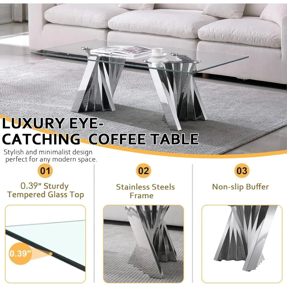 3 PC Modern Glass Table Set Includes Coffee Table, Console Table & End Table
