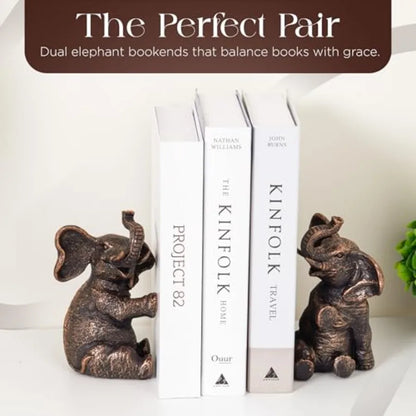 Vintage Elephant Bookends with Non-Slip Padding - Heavy Duty Resin