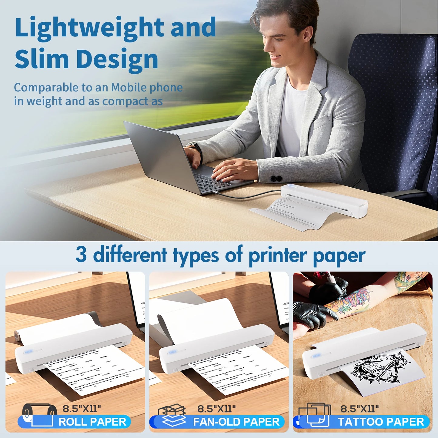 Portable A4 Thermal Printer - Inkless, Wireless, BT, USB Type-C For Android iOS