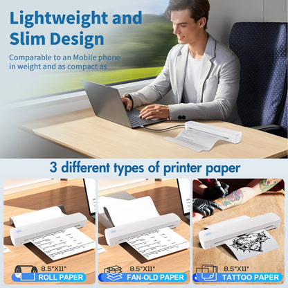 Portable A4 Thermal Printer - Inkless, Wireless, BT, USB Type-C For Android iOS