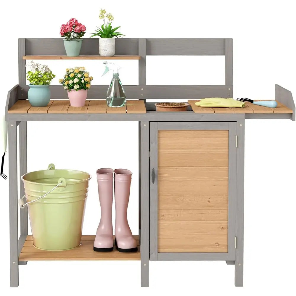Wooden Potting Work Bench with Dry Sink, Cabinet, and Storage Shelves