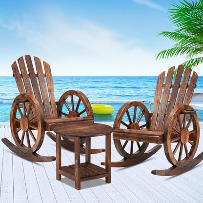 Set of 2, Wooden Rocking Chairs with Wagon Wheel Armrest and Small Table
