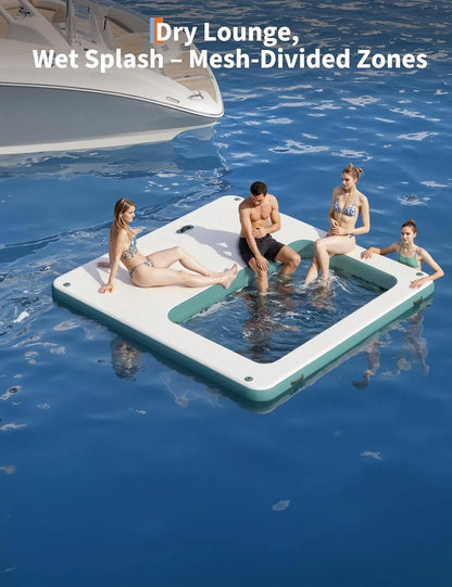 10x10FT Inflatable Floating Dock/Platform with Mesh Swim Area