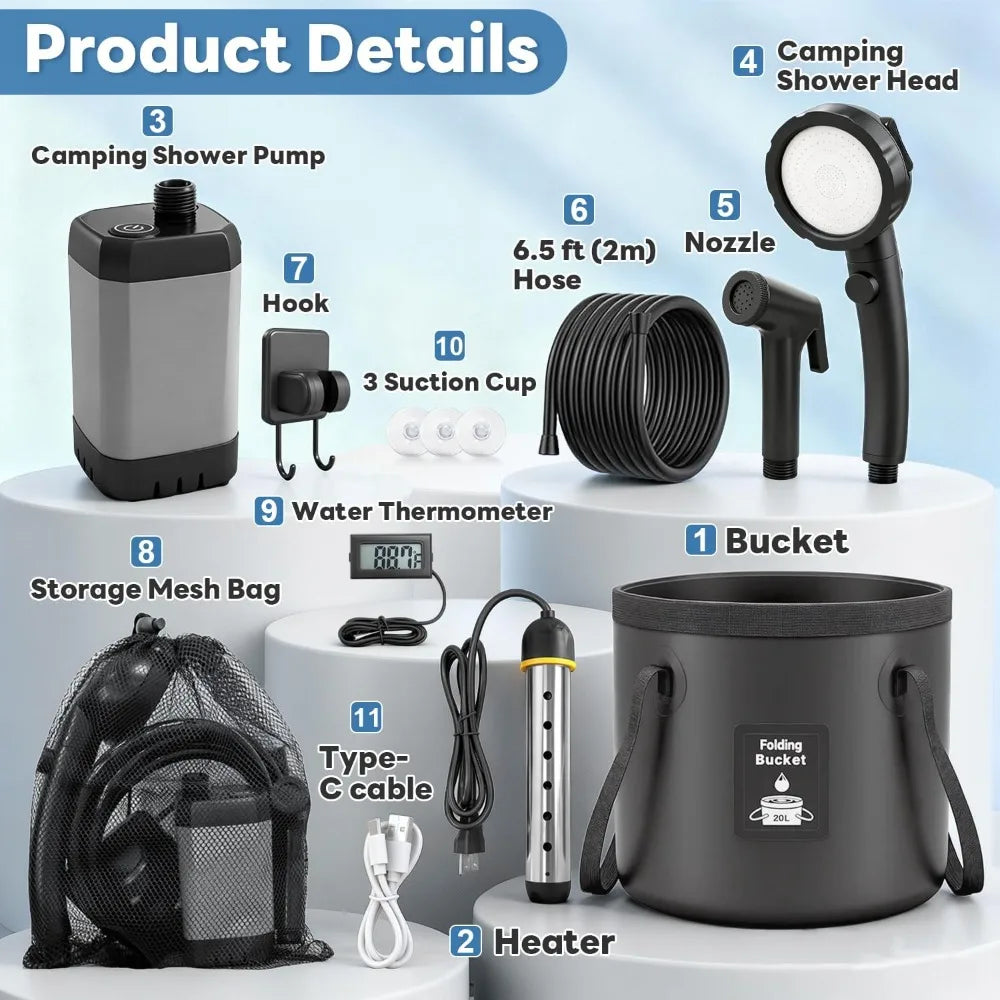 Portable Shower with Heater 1500W with Shower Head, 3 Spray Modes, Rechargeable Pump