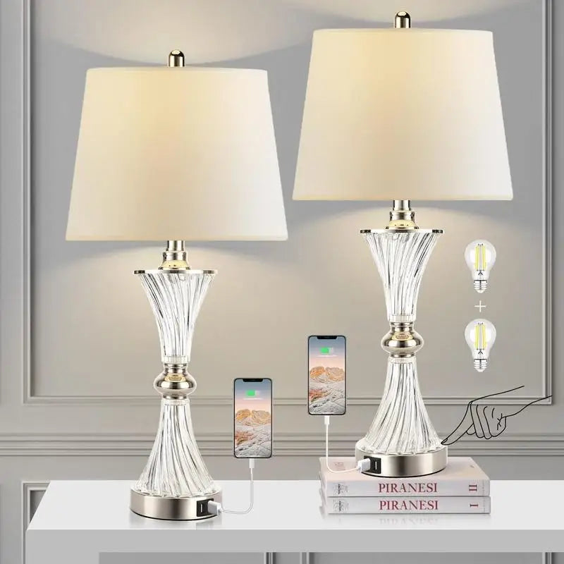 Dimmable Touch Control Table Lamp Set of 2 with USB Charging Ports, Bulbs Included
