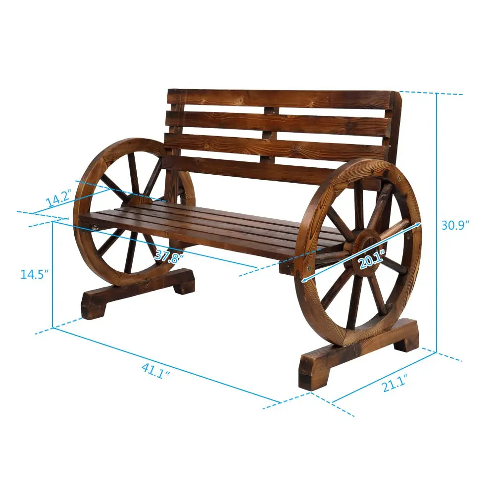 Wooden Rustic Wagon Wheel Bench with Armrest & Fir Construction