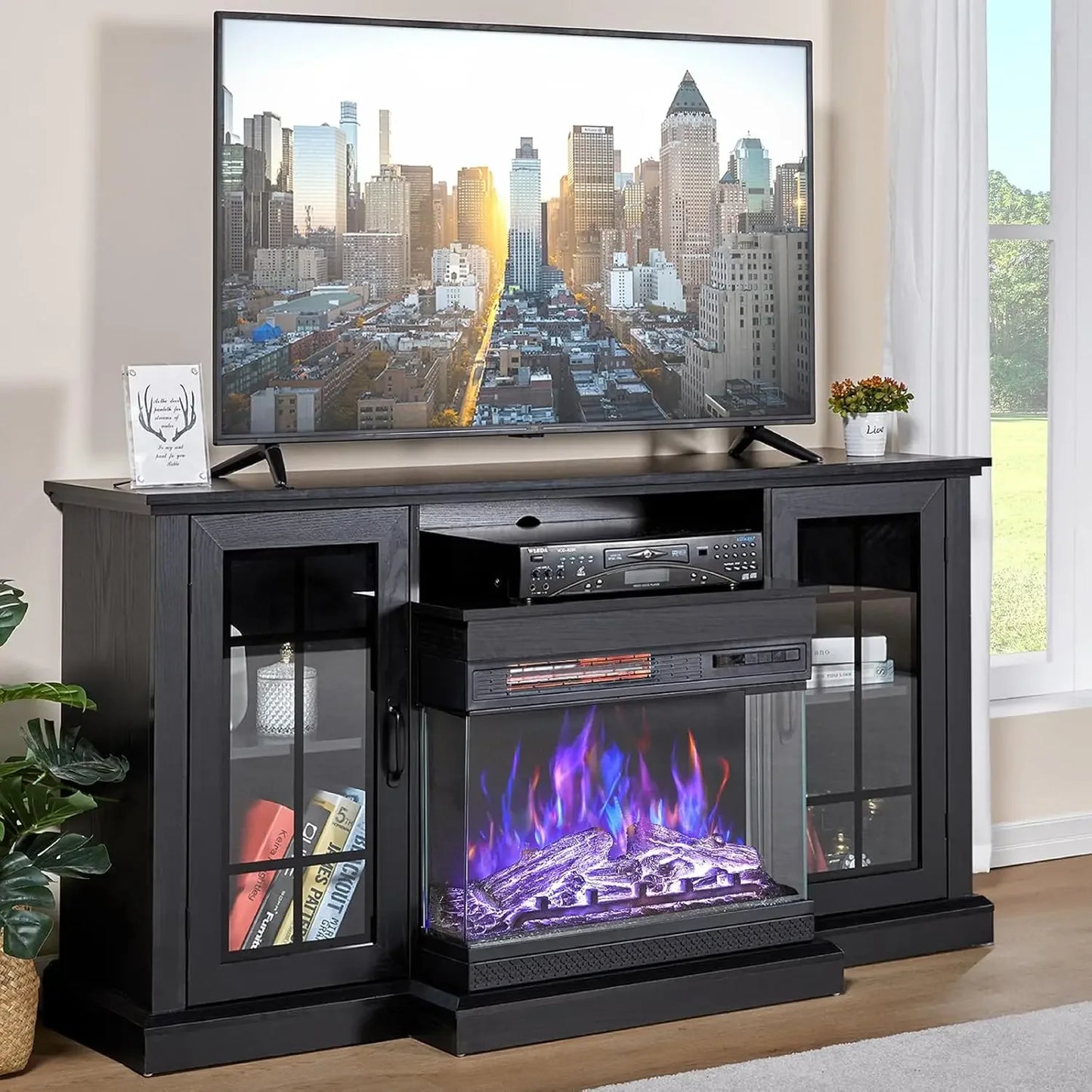 3-Sided Glass Fireplace TV Stand for TVs up to 65'' w/ cabinets