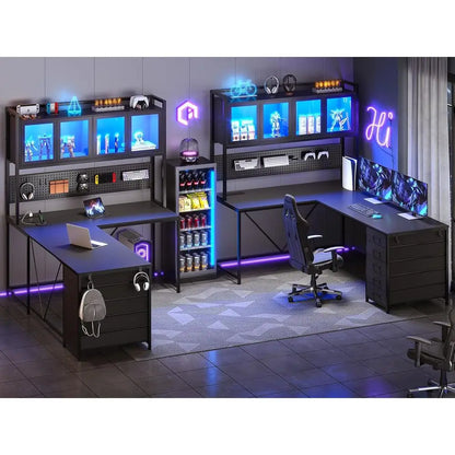 L-Shaped Gaming/Computer Desk with Storage, Hutch, Pegboard, LED Lighting, and Power Outlets
