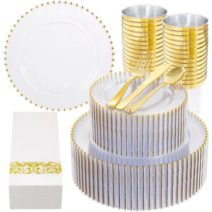 Elegant 350 Pcs Clear Plastic Gold Rim Dinnerware Set, Disposable