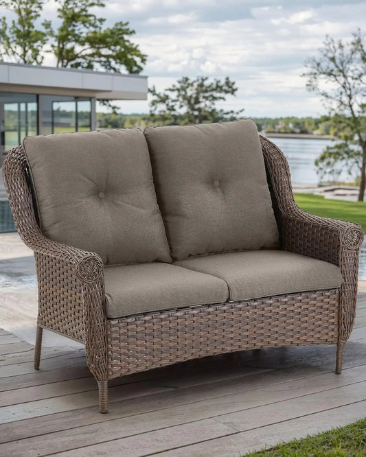 Patio Loveseat Sofa - Heavy Duty, All-Weather Brown Rattan Wicker
