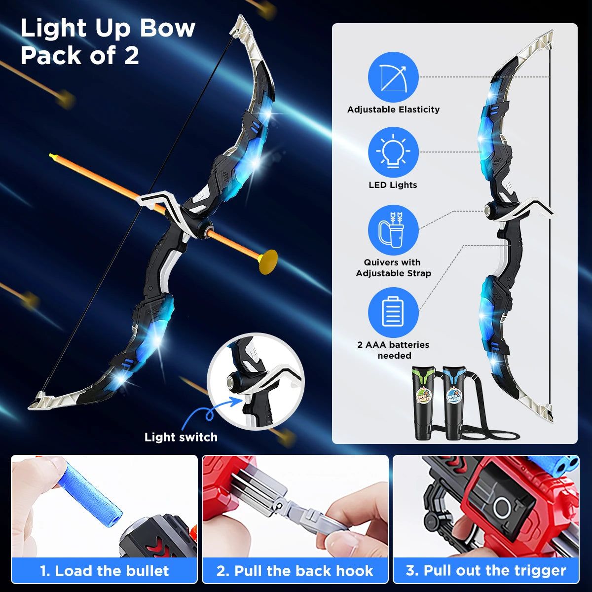 Toy Bow Arrow + Guns For Kids Night-Light Archery Stand and Target Board