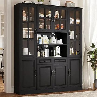 Freestanding Cabinet with Glass Doors, 78.7" H-63"W w/LED Lights, and Drawers