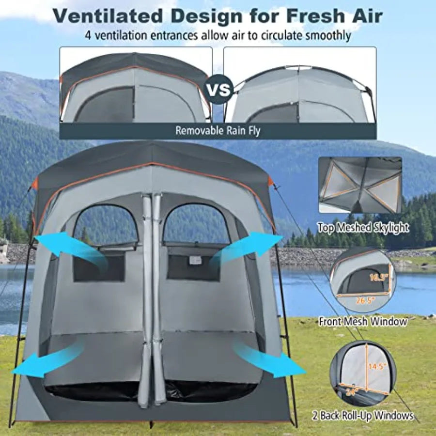 Portable Double Room Privacy Tent with Floor, Removable Rain Fly, Top Hook, Inside Pocket and Carry Bag