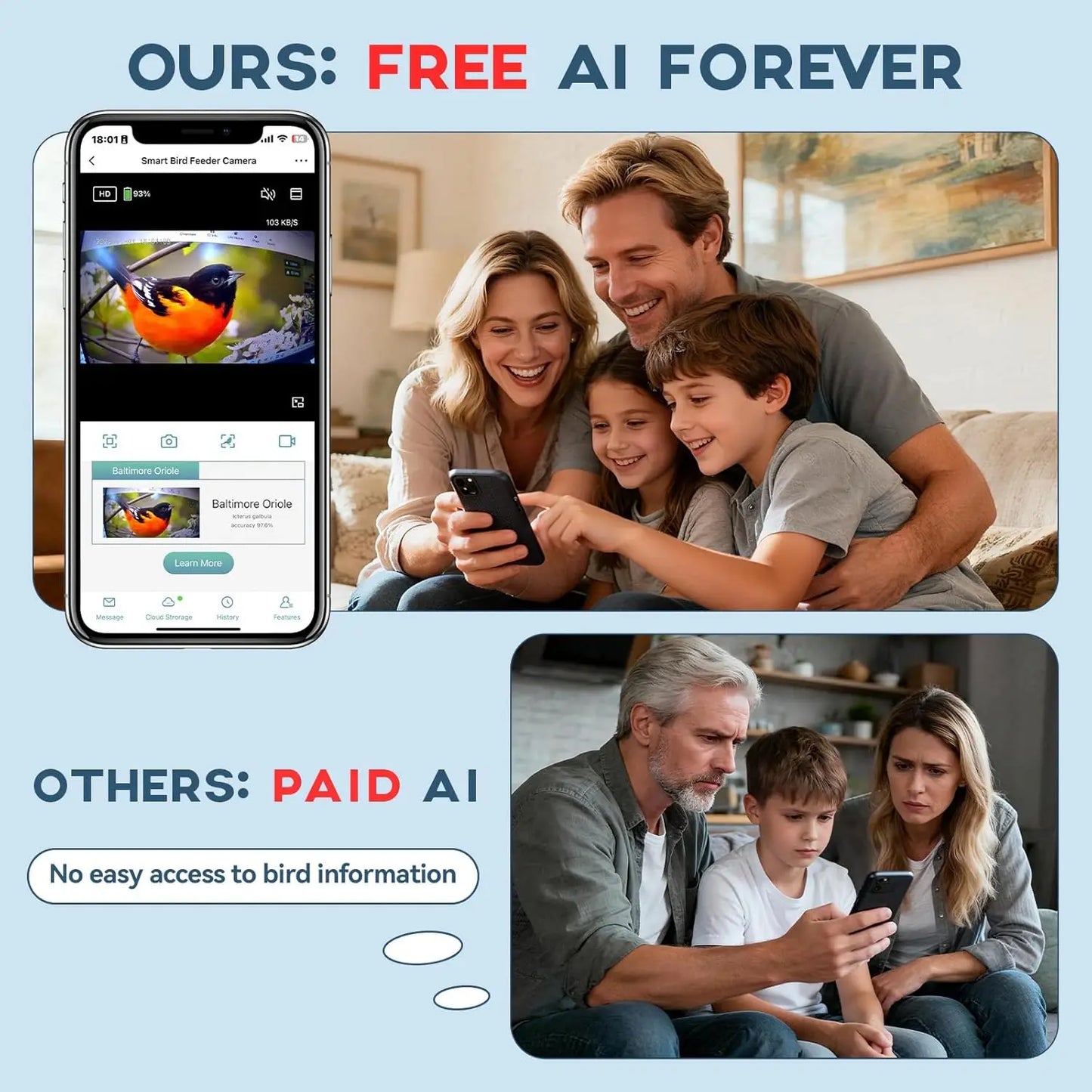 AI Bird Feeder includes Night Vision, Identifies 1100+ Birds, Live 2K HD View with 64GB Card & App Alerts