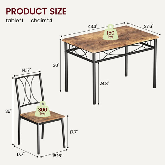 Kitchen Table with 4 Chairs, Metal and Wood Rectangular