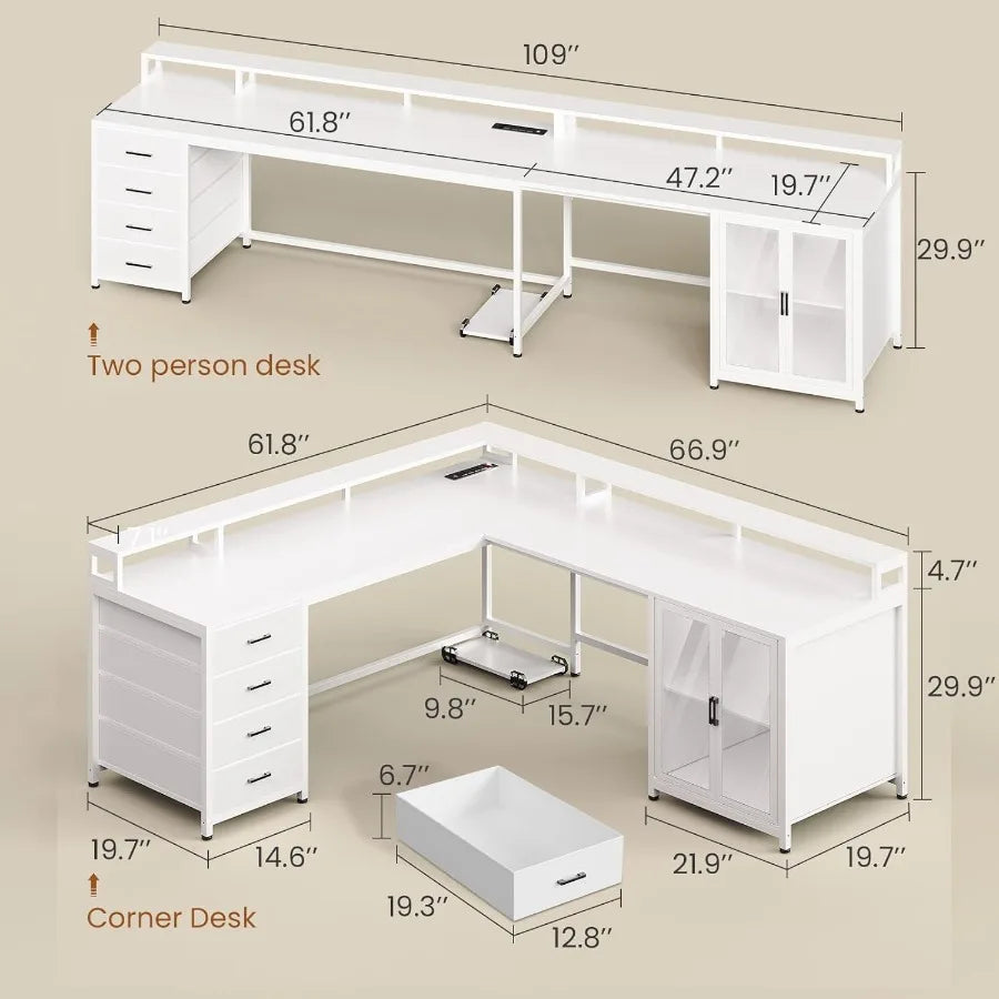 L Shaped Desk with 4 Drawers with Display Cabinet 2ith LED Lights
