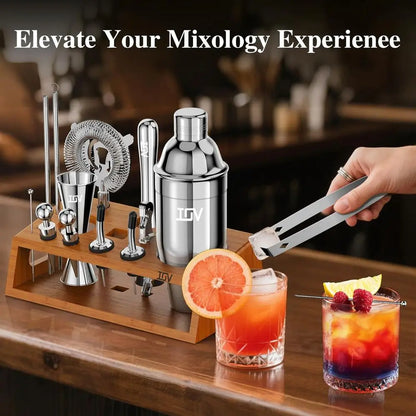 Cocktail Shaker Set Kit with Stand Includes Shaker, Jigger, Strainer, Mixing Spoon, Muddler, and Cocktail Recipes
