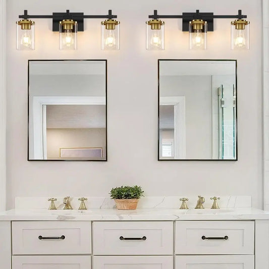 Modern Black and Gold Vanity Light Fixture-Over Mirror, Brushed Gold