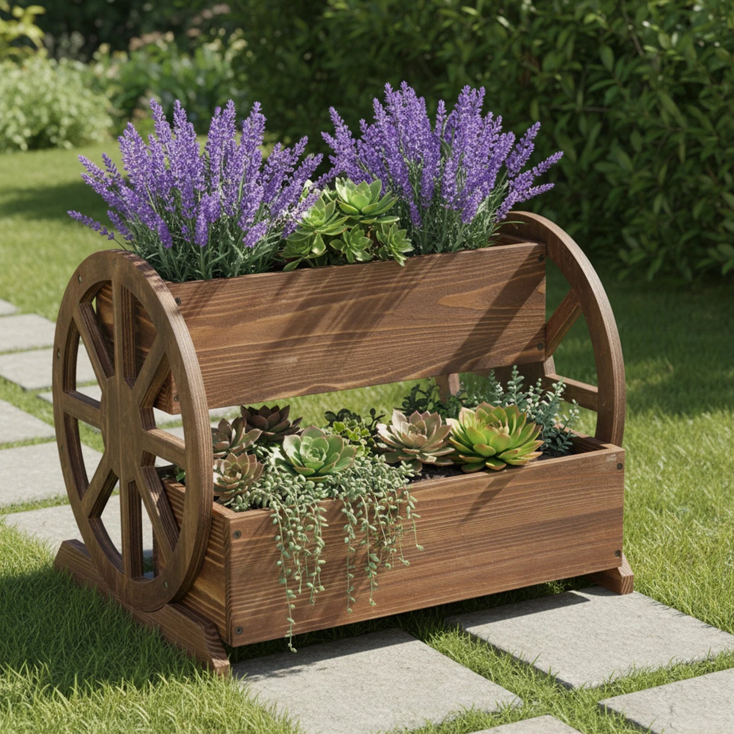 Wooden Wagon Planter Box with Wheels