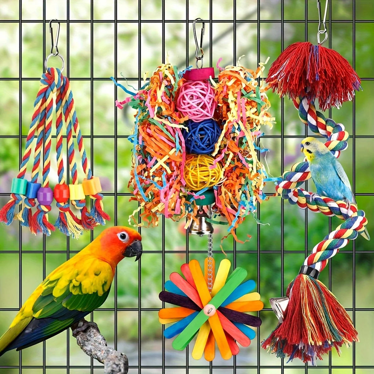 5 Piece  Colorful Bird Toys including a Swing and Climbing Rope