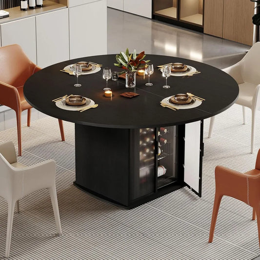 Round Dining Table for 4-6, 47 Inch with Mini Fridge Space -Storage Shelves w/doors