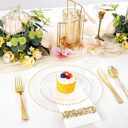 Elegant 350 Pcs Clear Plastic Gold Rim Dinnerware Set, Disposable