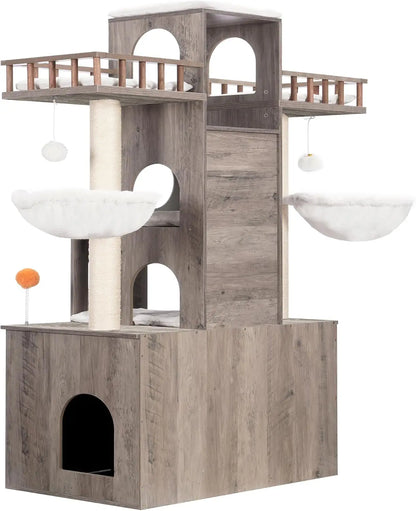 Heavy Duty Large Cat Tower with Litter Box Enclosure, Multi-Levels, and Scratching Posts