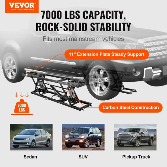 7000 LBS Capacity Portable Car Lift, 26.8" Max. Height, with Extended-Length Plates, Heavy-Duty, and Accessories