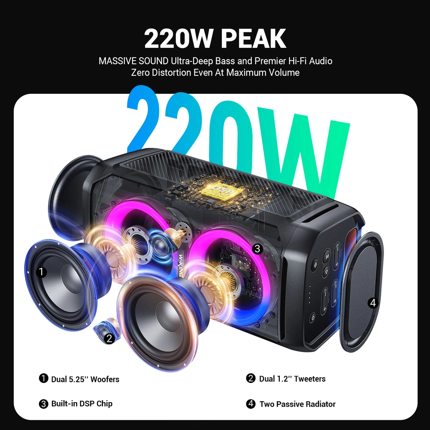 100W RMS Bluetooth Speakers, Waterproof, Portable, Party Boombox, Wireless w/lights