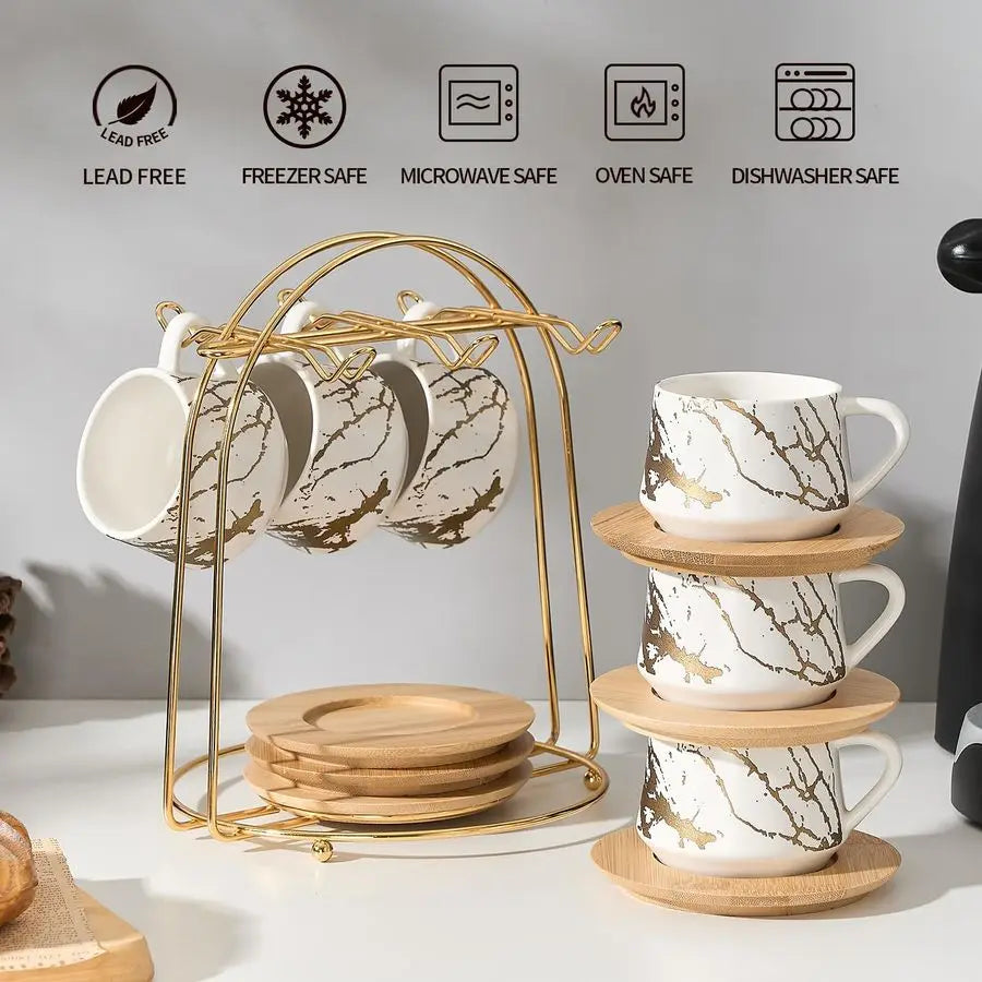 Ceramic Espresso Cups with Saucers and Metal Stand, Set of 6