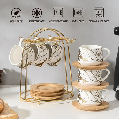 Ceramic Espresso Cups with Saucers and Metal Stand, Set of 6