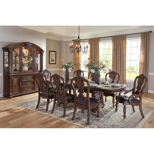 Luxurious 9-Piece Formal Dining Set, Dark Oak Finish, w/ Extension Leaf, 2 Armchairs & 6 Side Chairs