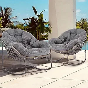 Set of 2 Papasan Rocking Chairs - Oversized, Comfy, Royal Rattan with Strip Velvet Cushions