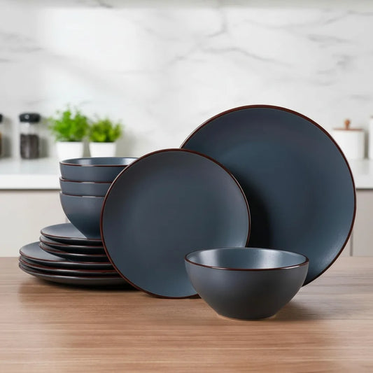 12-Piece Stoneware Dinnerware Set, Speckled Plates and Bowls for 4, Microwave and Dishwasher Safe