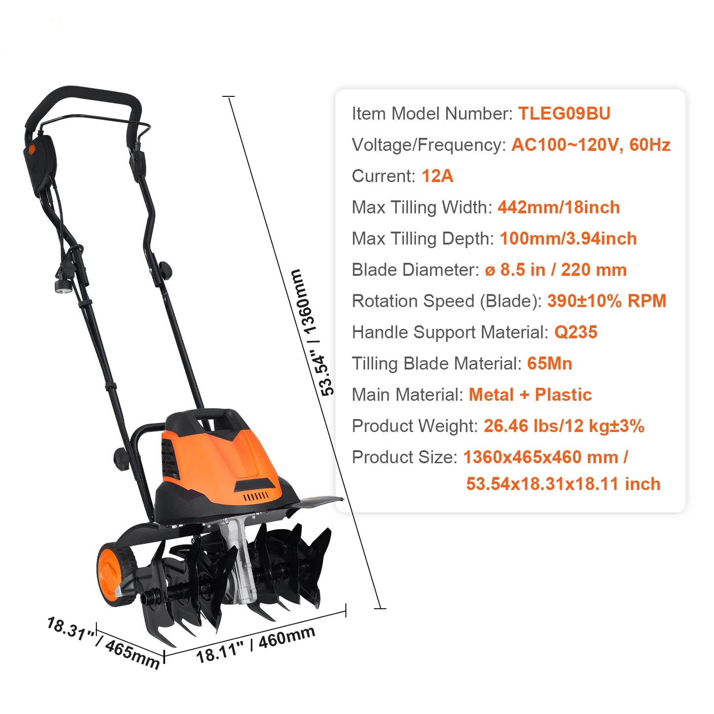 12 Amp Electric Tiller, 18" Tilling Width, 3.94" Tilling Depth, Corded