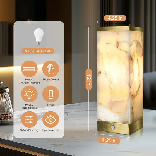 Alabaster Rechargeable LED Table Lamp, Portable, Battery Operated Night Light , Bulb Included