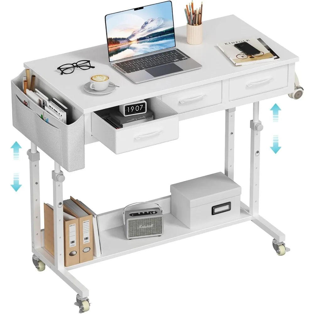 Portable Rolling Computer Desk - 40 Inch Adjustable Desk with 3 Fabric Drawers