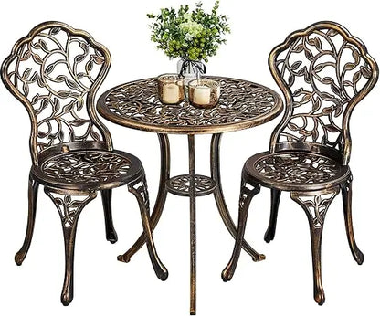 3-Piece Bistro Set w/Leaf Design, Rust-Resistant Cast Aluminum Table and Chairs