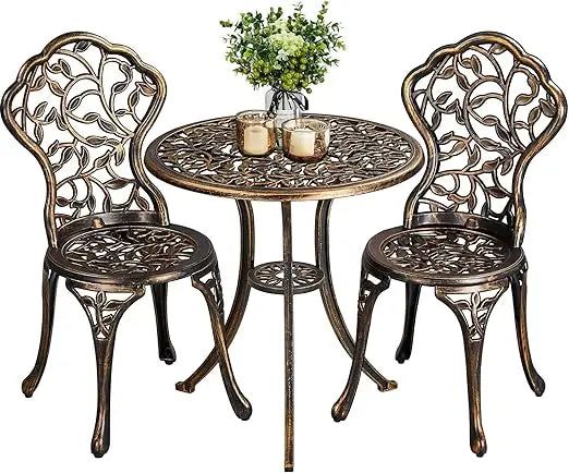 3-Piece Bistro Set w/Leaf Design, Rust-Resistant Cast Aluminum Table and Chairs