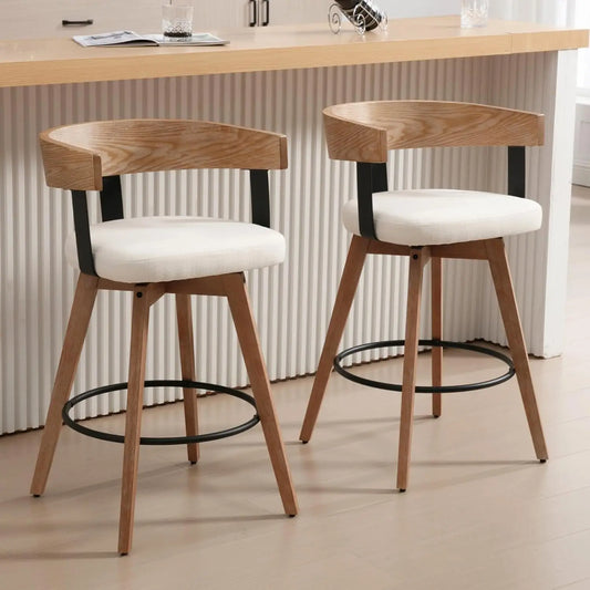 Swivel Bar Stools Set of 2, 26" Counter Height - Wood w/Linen Upholstered