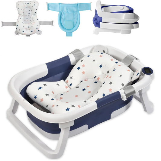 Foldable Baby Bath Tub with Bath Cushion, Thermometer Newborn to Toddler