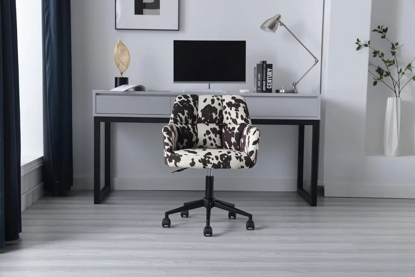 Cow Print Chair ,360°Swivel with Mid Back Support,  Armrest, Adjustable-Height and Upholstered