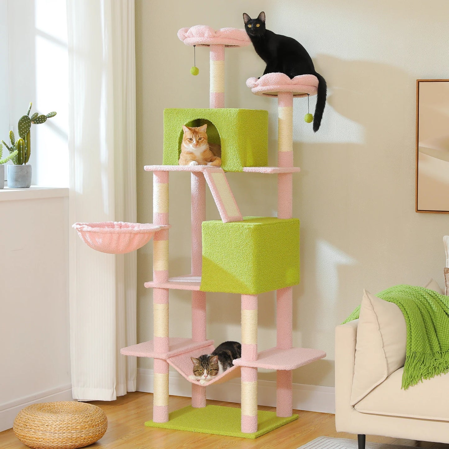 70.8" Multi-Level Cat Tower with 9 Scratching Areas, Plush Hammock and Perches