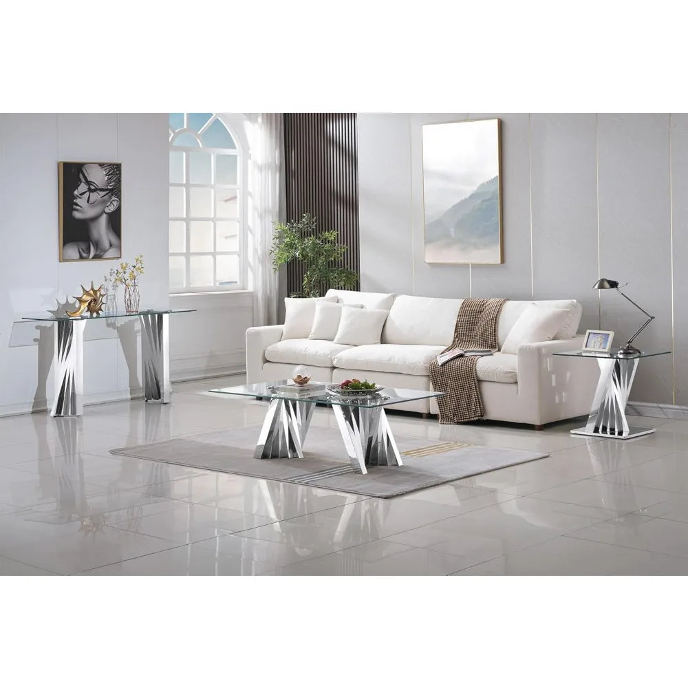 3 PC Modern Glass Table Set Includes Coffee Table, Console Table & End Table